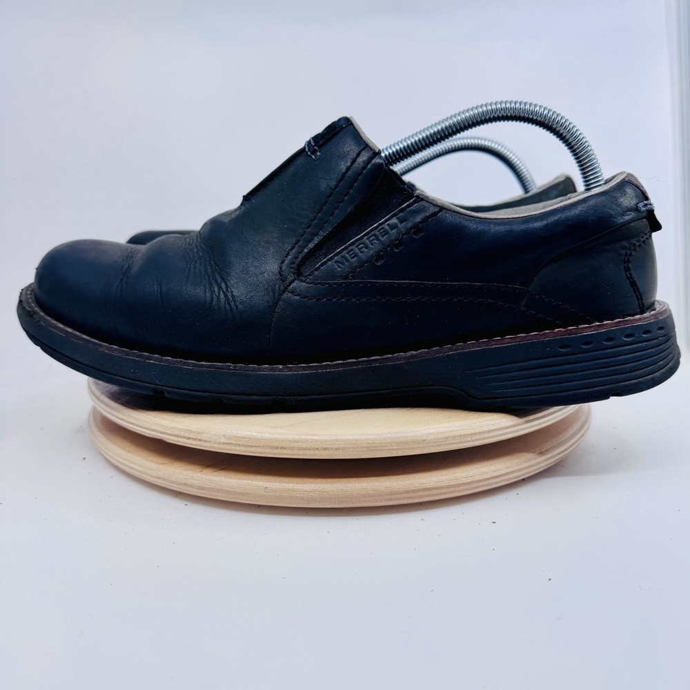 Merrell Realm Moc Shoes Mens 11 Black Leather Slip On Comfort Casual Loafers